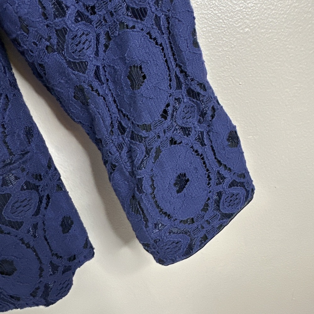 Chicos Women's Blue Lace Open Front Jacket Size 2 Lined‎ Cotton Blend Blazer - Picture 5 of 11